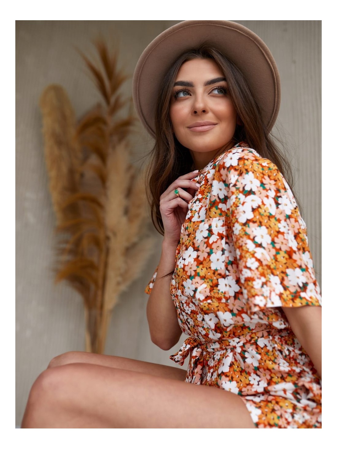 Summer floral jumpsuit with a collar, orange and cream 03510 - Online store - Boutique